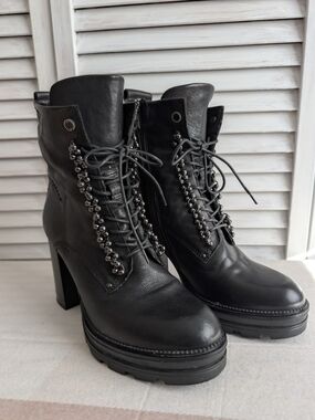 Browns Black Leather Lace-Up Platform Heeled Boots